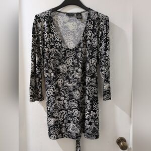 Vtg 1990s Womans Black/White Floral Scoop-Neck 3/4 Sleeve Top16-18W APOSTROPHE